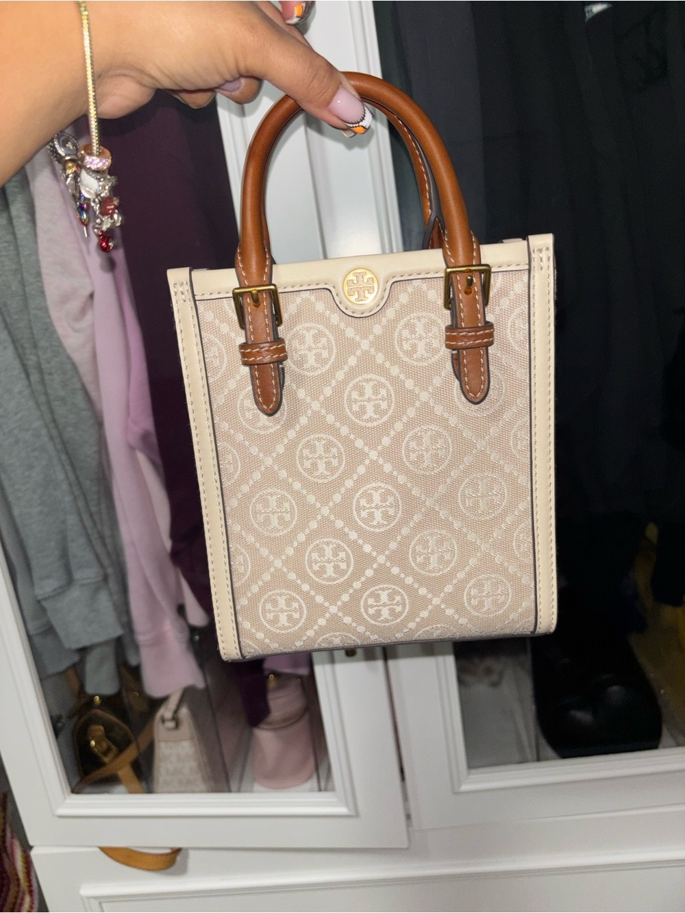 Tory Burch Beige Canvas Mini Tote with Brown Leather Handles